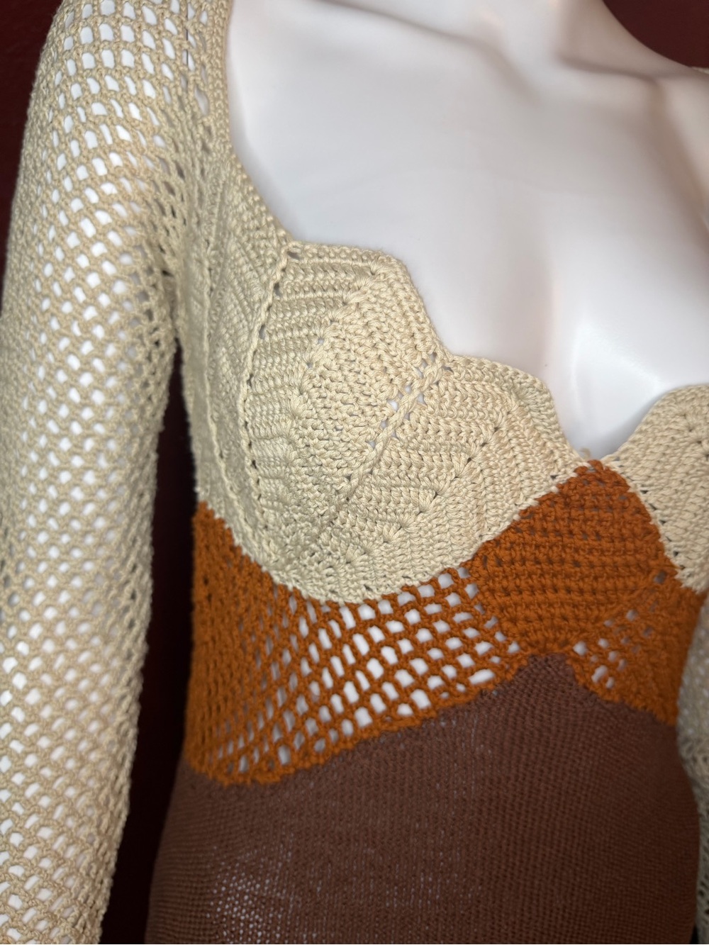 STAUD Jocelyn Mixed Stitch Crochet Long Sleeve Mini Dress Neutral. Size L - Picture 7 of 10